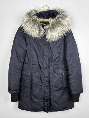 Diane Von Furstenberg DVF Womens Puffer Coat Faux Fur Hood Navy Blue Size Small